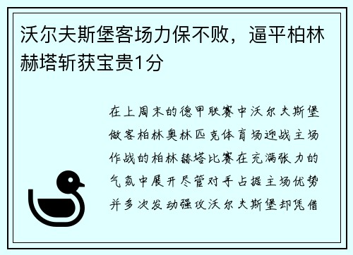 沃尔夫斯堡客场力保不败，逼平柏林赫塔斩获宝贵1分